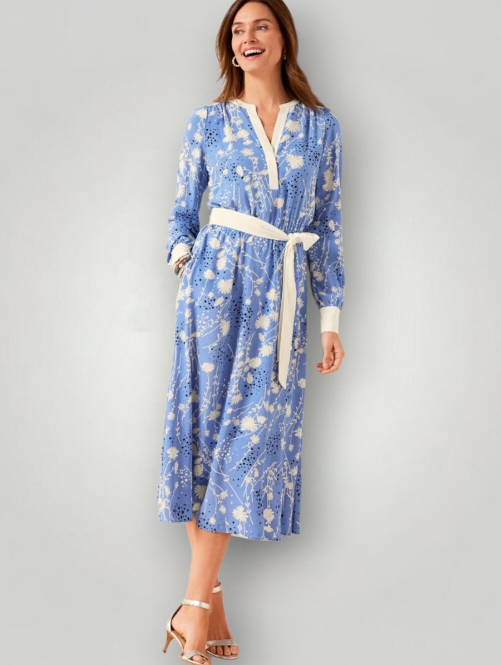 Talbots Dancing Flowers Belted Fit & Flare Shirtdress Blue Floral Sz Large New